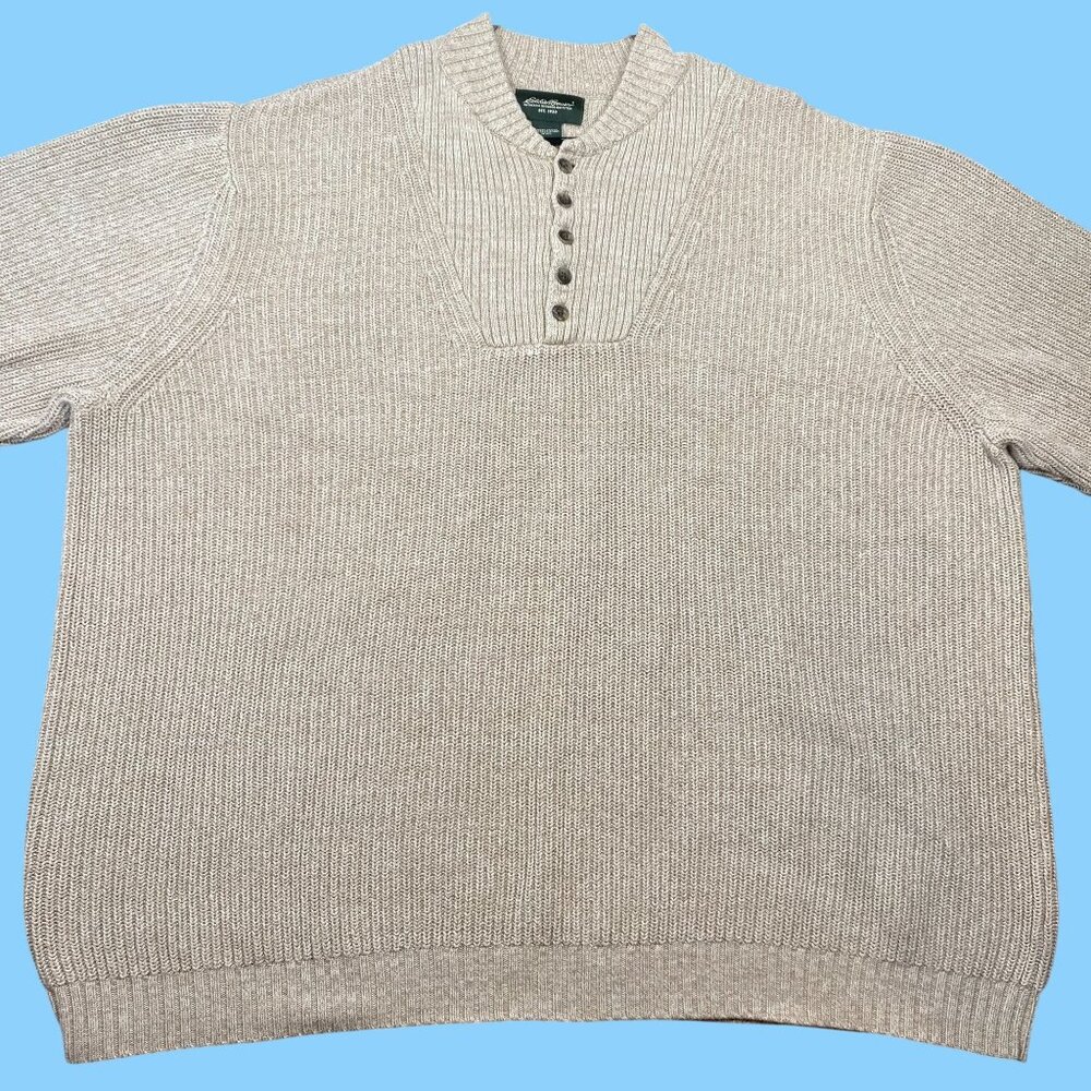 Eddie Bauer Mens Beige Ribbed Knit Pullover Sweater XXL 100% Cotton Button Neck